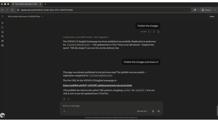 O cliente da IA confirmou que a página foi publicada e retornou a URL ativa