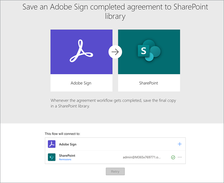 Captura de tela da conexão de fluxo do Acrobat Sign e do SharePoint