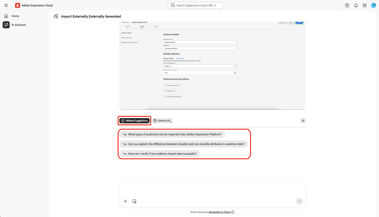 A janela de sugestões relacionada no Assistente de IA.
