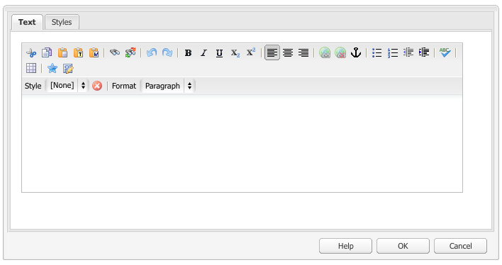 Caixa de diálogo de edição (RTE) do componente de texto na interface clássica.