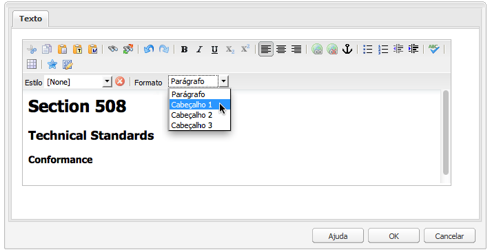 Os cabeçalhos H1 até H3 são exibidos no seletor suspenso (interface clássica).