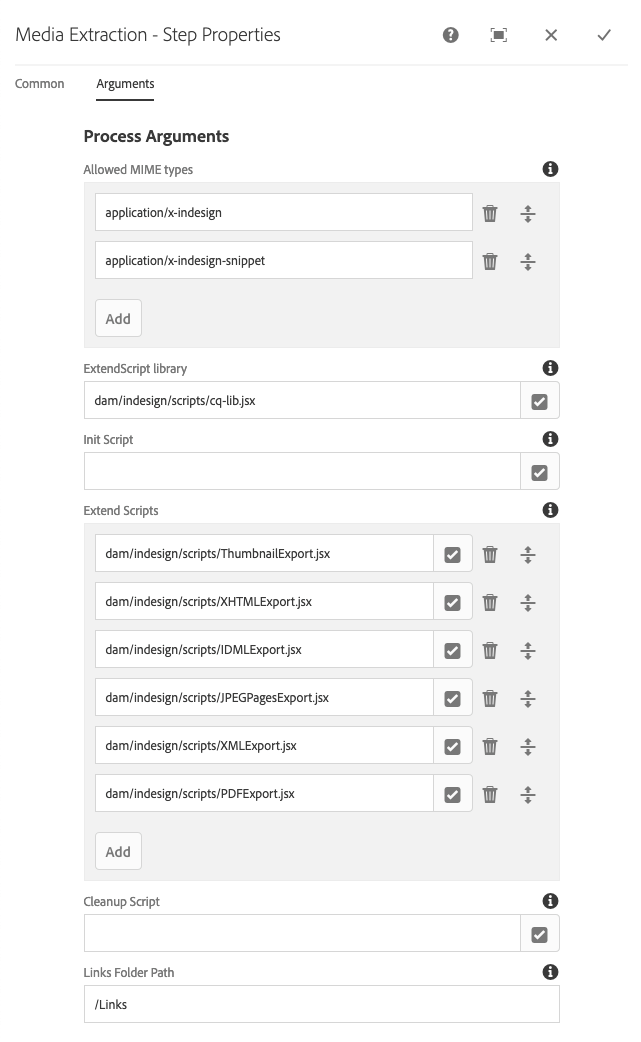 Os caminhos ExtendScript nos argumentos do processo de Extração de Mídia