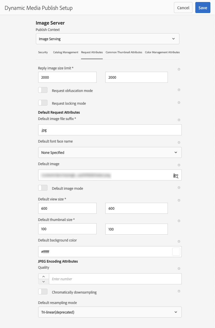 Página de configuração de publicação do Dynamic Media