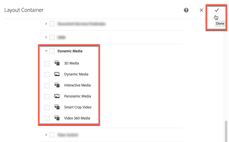 Lista de componentes do Dynamic Media