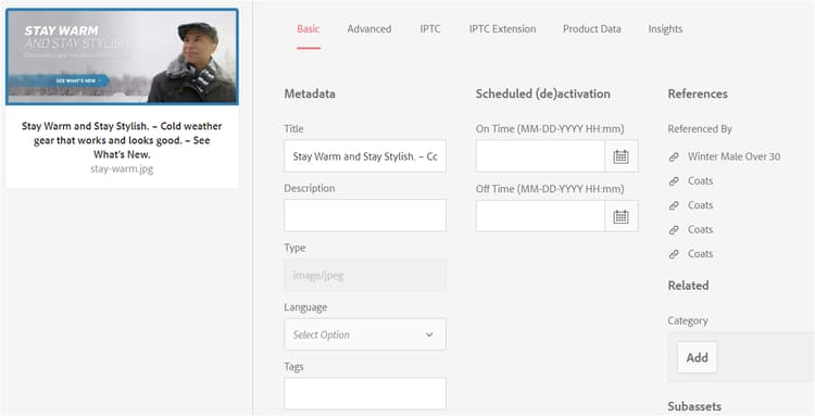 exibir as referências do Experience Manager Assets na coluna Referências nos detalhes do ativo
