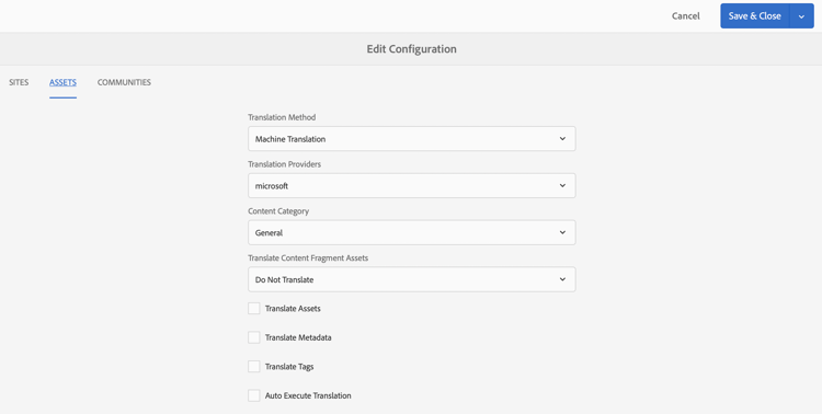 Propriedades de configuração de tradução