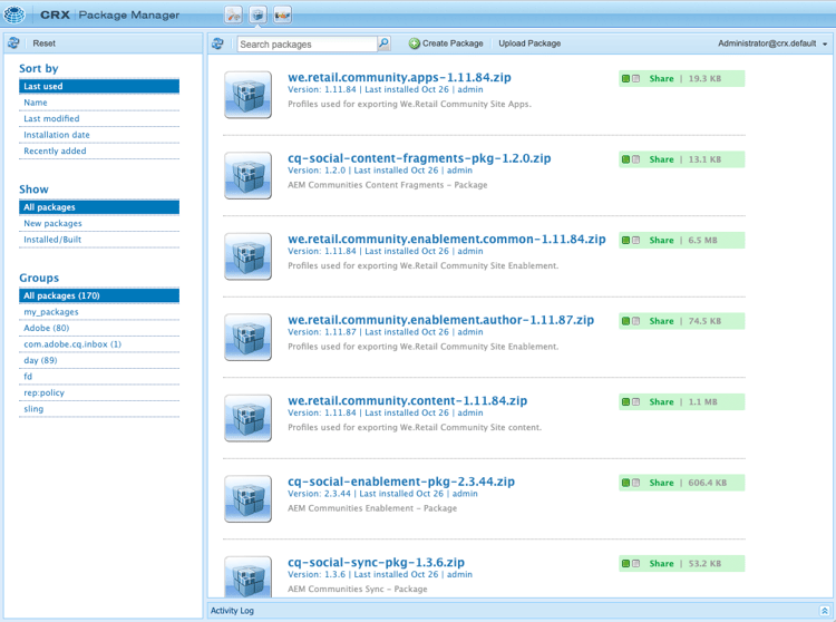Interface do usuário do Gerenciador de Pacotes