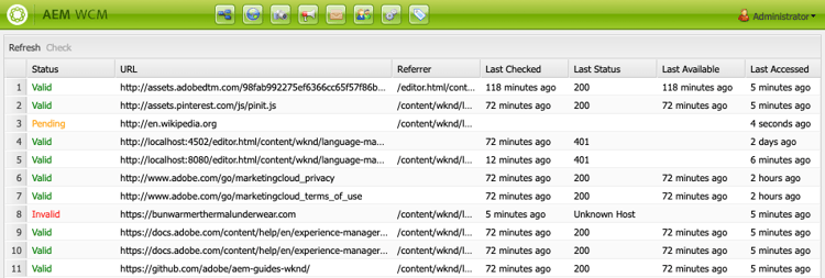 A janela do Verificador de Links Externos