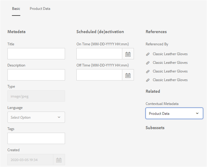 A guia selecionada na lista de metadados contextuais é exibida na página de propriedades do ativo