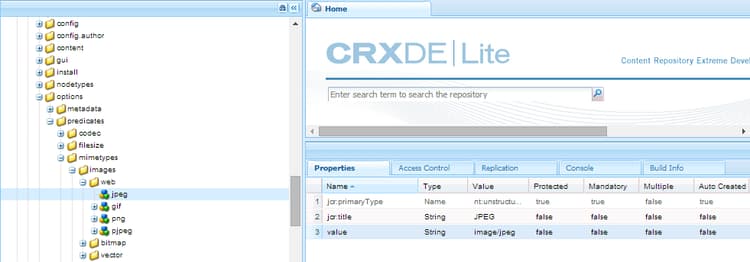 Value de um tipo de arquivo, como visto no CRXDE, é usada para consultas de pesquisa funcionarem