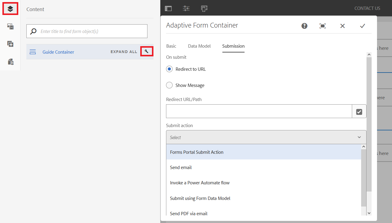 Clique no ícone de chave inglesa para abrir a caixa de diálogo Contêiner de formulário adaptável para configurar uma ação de envio