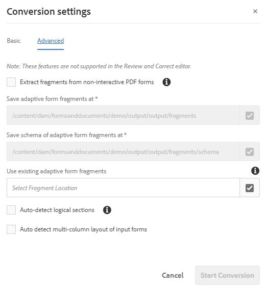 Configurações avançadas de conversão