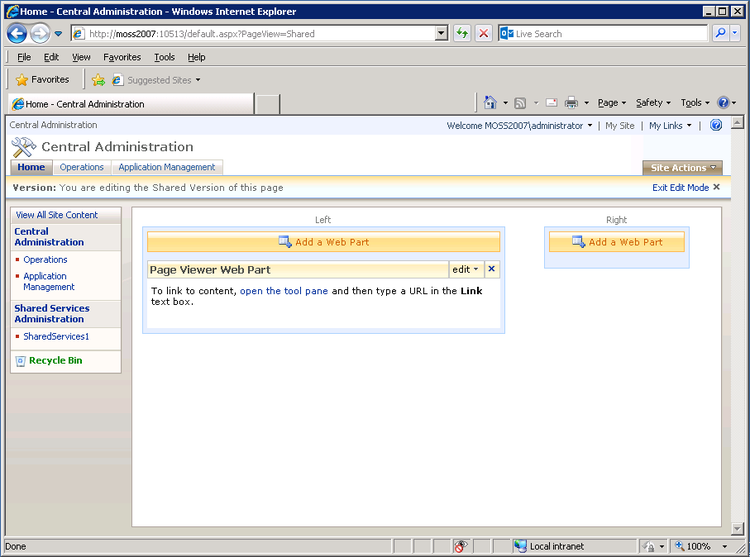 Caixa Web Part do Visualizador de Páginas no servidor do Microsoft Office SharePoint.