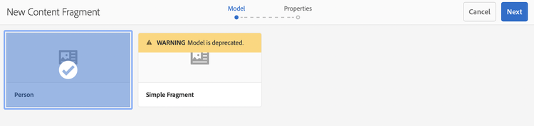 Selecionar modelo de fragmento de conteúdo