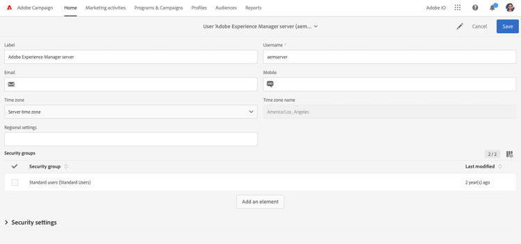 usuário aemserver no Adobe Campaign