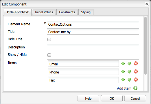 Adicionando itens ao grupo de opções. O título do grupo é Contate-me por - definido no campo Título.