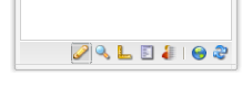 Borda inferior do sidekick com uma linha horizontal de sete ícones. Dois dos ícones no início da linha, o ícone de edição e o ícone do modo de visualização, são indicados por um símbolo de lápis e um símbolo de lupa, respectivamente.