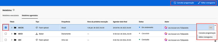 editar e cancelar o relatório agendado