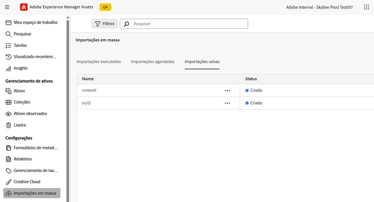 Salvamento de configurações de importação em massa