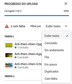 Filtrar o progresso do upload com base no seu status