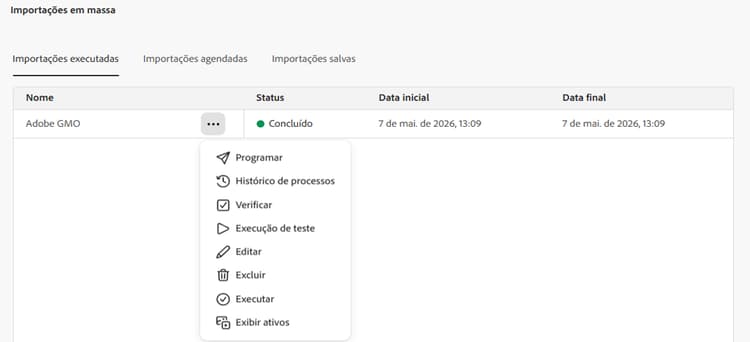Edição de configurações de importação em massa