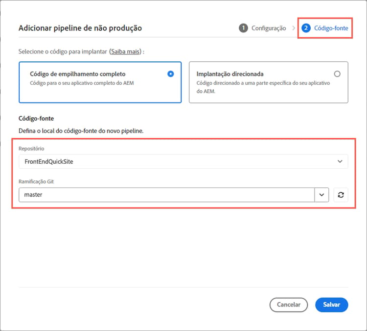 Repositório de código-fonte do pipeline e ramificação Git