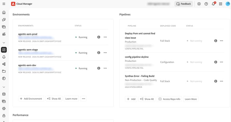 Página de Visão geral do programa no Cloud Manager, mostrando os cartões Ambientes e Pipelines