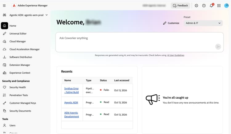 Página inicial do Experience Manager, mostrando a caixa Pergunte ao Colaborador e o Cloud Manager no painel esquerdo