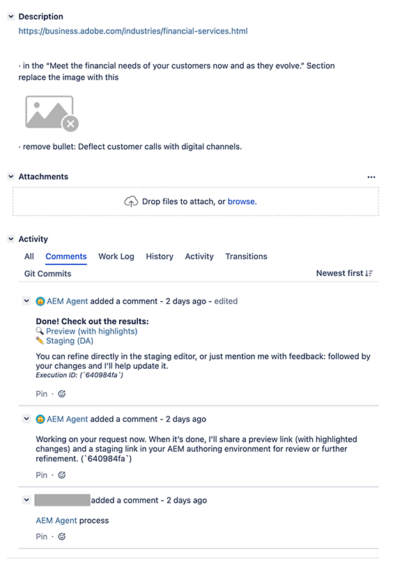 Exemplo de Jira usando o trabalho de atualização de conteúdo do Brand Experience Agent