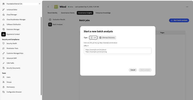 Iniciando uma análise em lote com uma lista de URLs