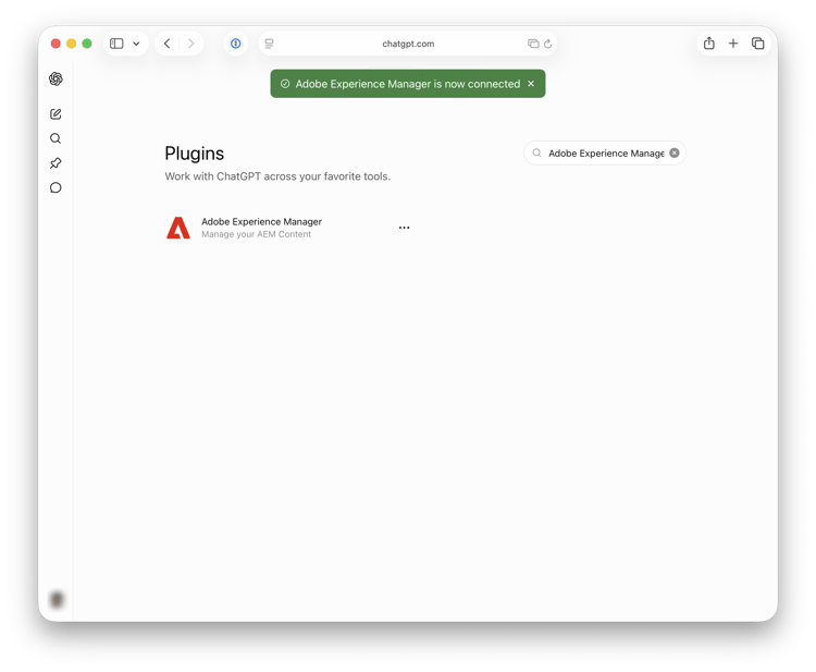 O banner verde que confirma que o plug-in do Adobe Experience Manager está conectado.