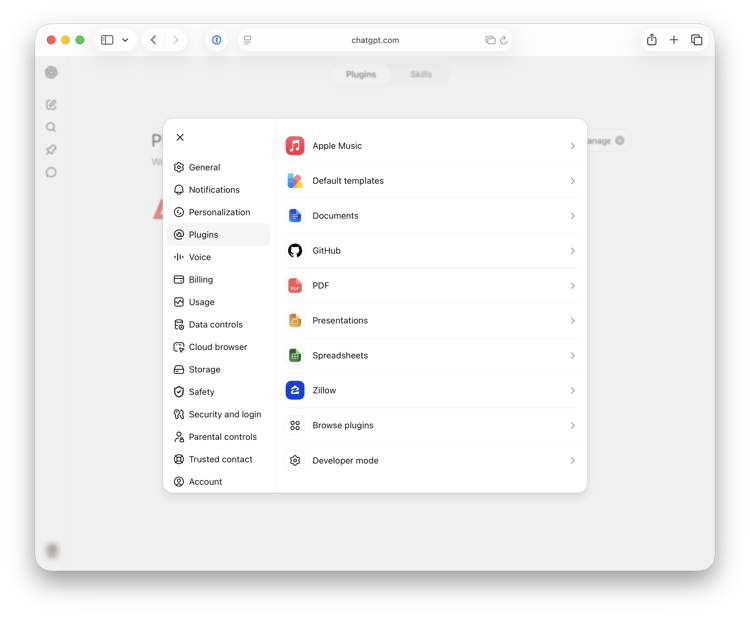 A página Plug-ins nas Configurações de ChatGPT com os plug-ins Procurar.