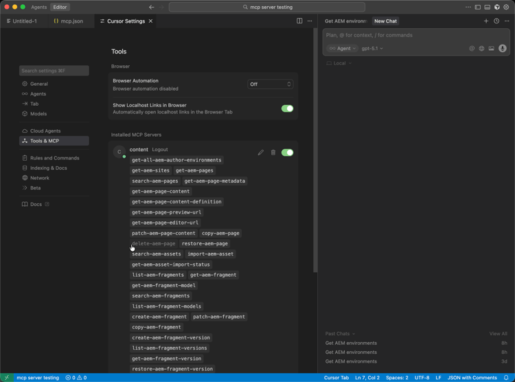 Solicitando que o cursor use o novo serviço AEM MCP.