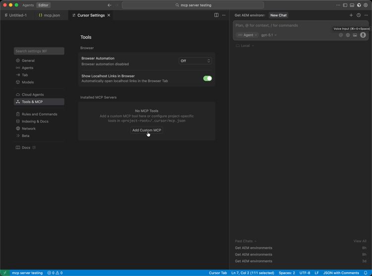 O painel Ferramentas e MCP com a opção de adicionar um servidor MCP personalizado.