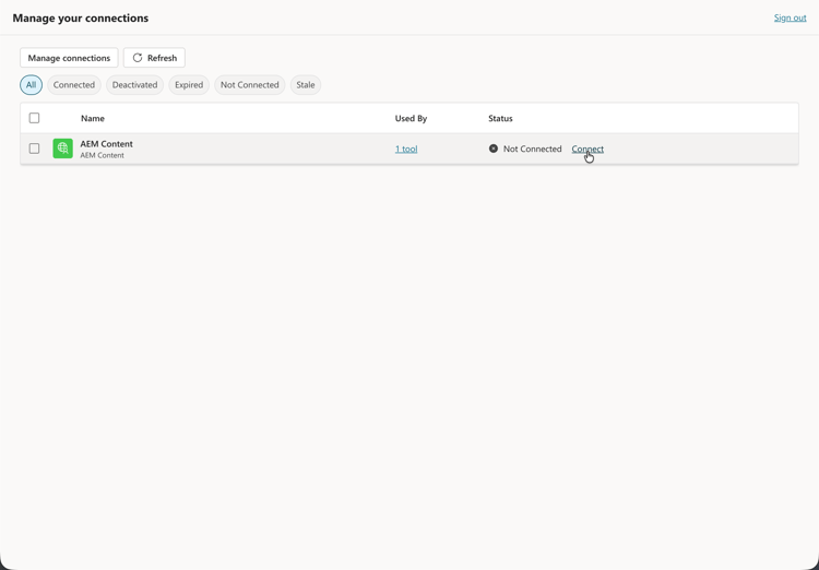 O painel Gerenciar Conexões mostra as conexões disponíveis.