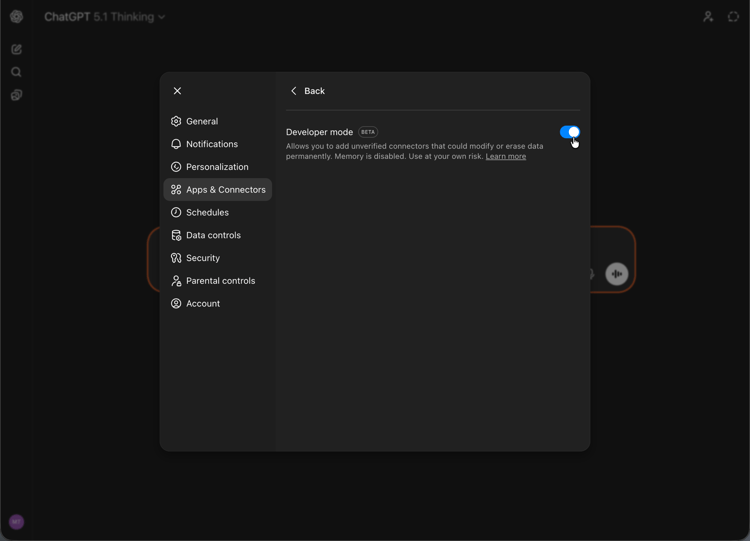 Configurar ChatGPT - Aplicativos e Conectores - Modo de desenvolvedor