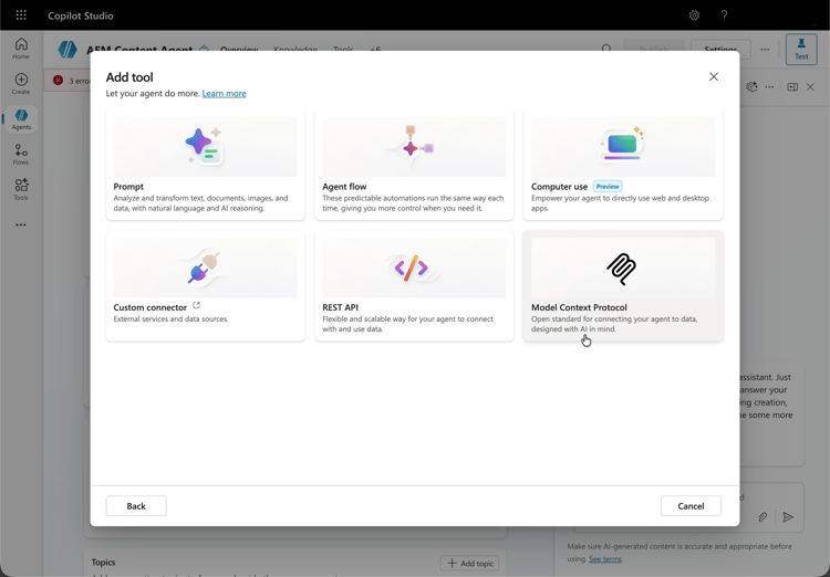 Configurar Copilot - Adicionar ferramenta - Protocolo de Contexto de Modelo