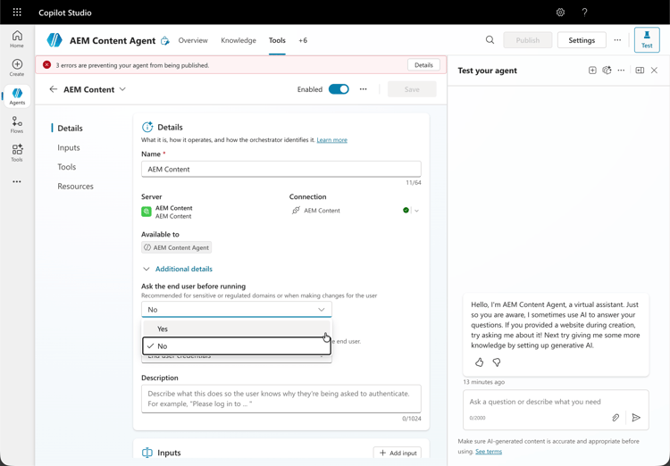 Configurar Copilot - Adicionar ferramenta - Configurar
