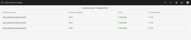 Teste de conexão do Connected Assets configurado Sites