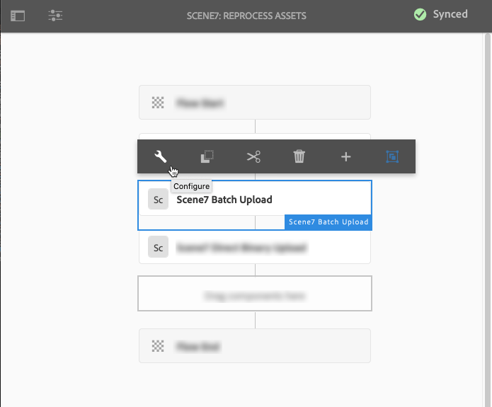 Captura de tela do componente Carregamento em lote do Scene7 na página Reprocessamento do Dynamic Media com o ponteiro do mouse sobre o ícone Configurar