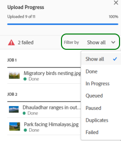 Filtrar o progresso do upload com base no seu status