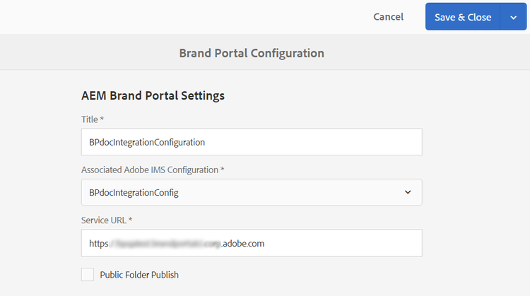 Caixa de diálogo Configuração do Brand Portal.