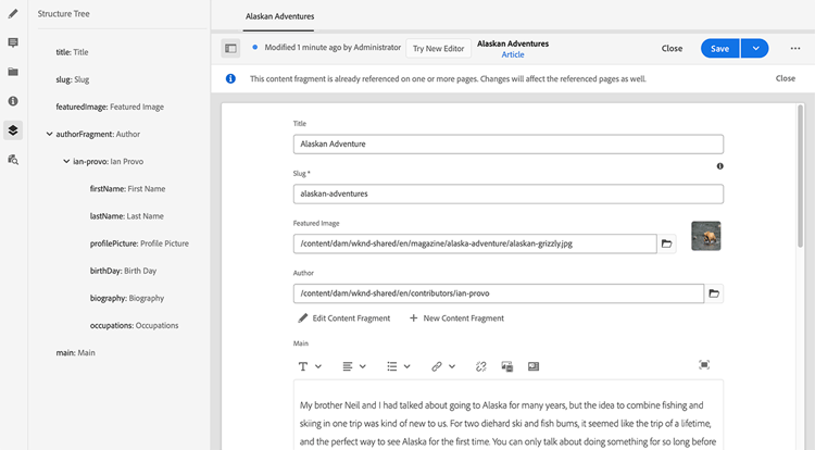 Exemplo de árvore de estrutura de fragmento de conteúdo