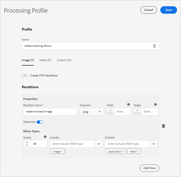 Perfil de processamento de ativo para criar marca dágua