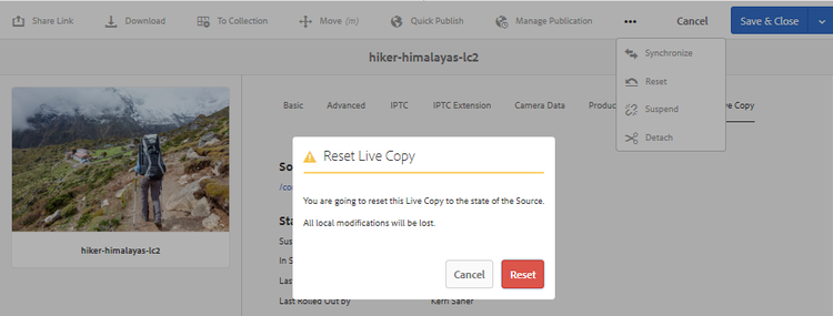 A ação de redefinição substitui edições locais e traz a live copy na parte com sua origem.