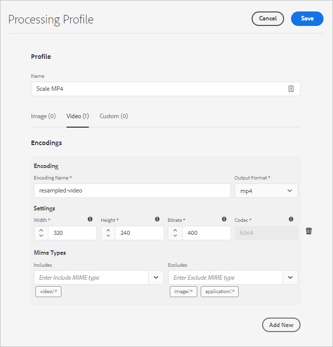 Criar perfil de processamento para transcodificação de vídeo em Experience Manager