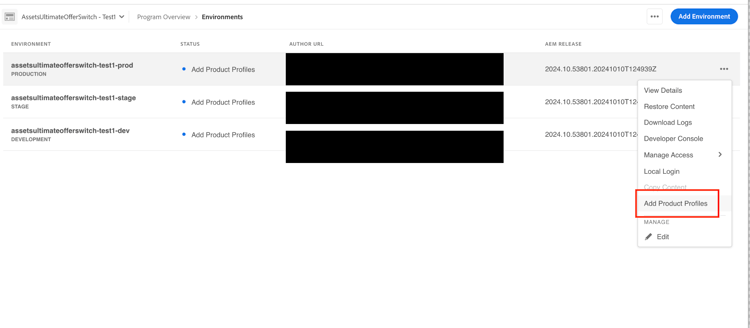 Selecionar ambientes individuais do AEM Assets
