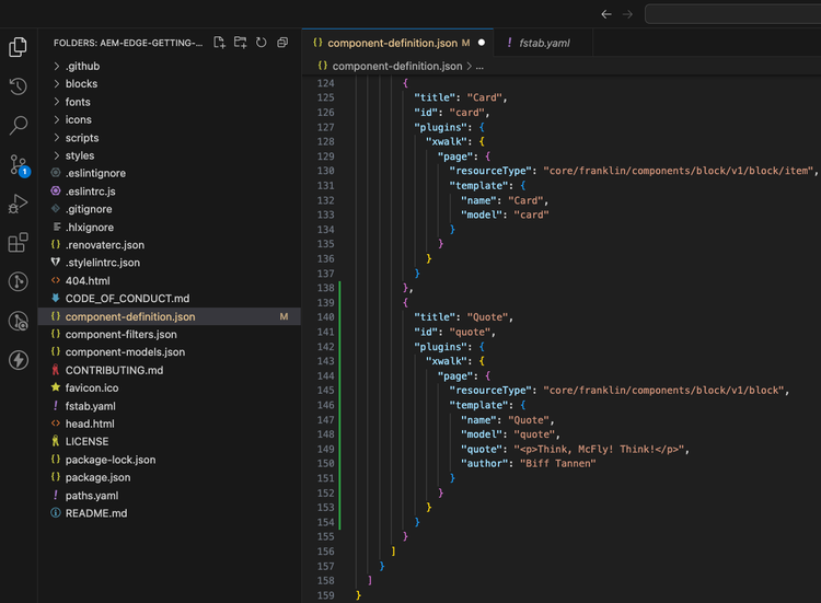 Editar o arquivo component-definitions.json para definir o bloco de aspas