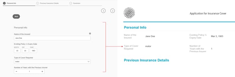 Campos em um painel renderizados em um layout de coluna no Documento de Registro