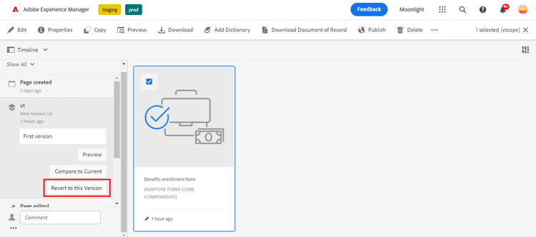 Reverter a versão do formulário